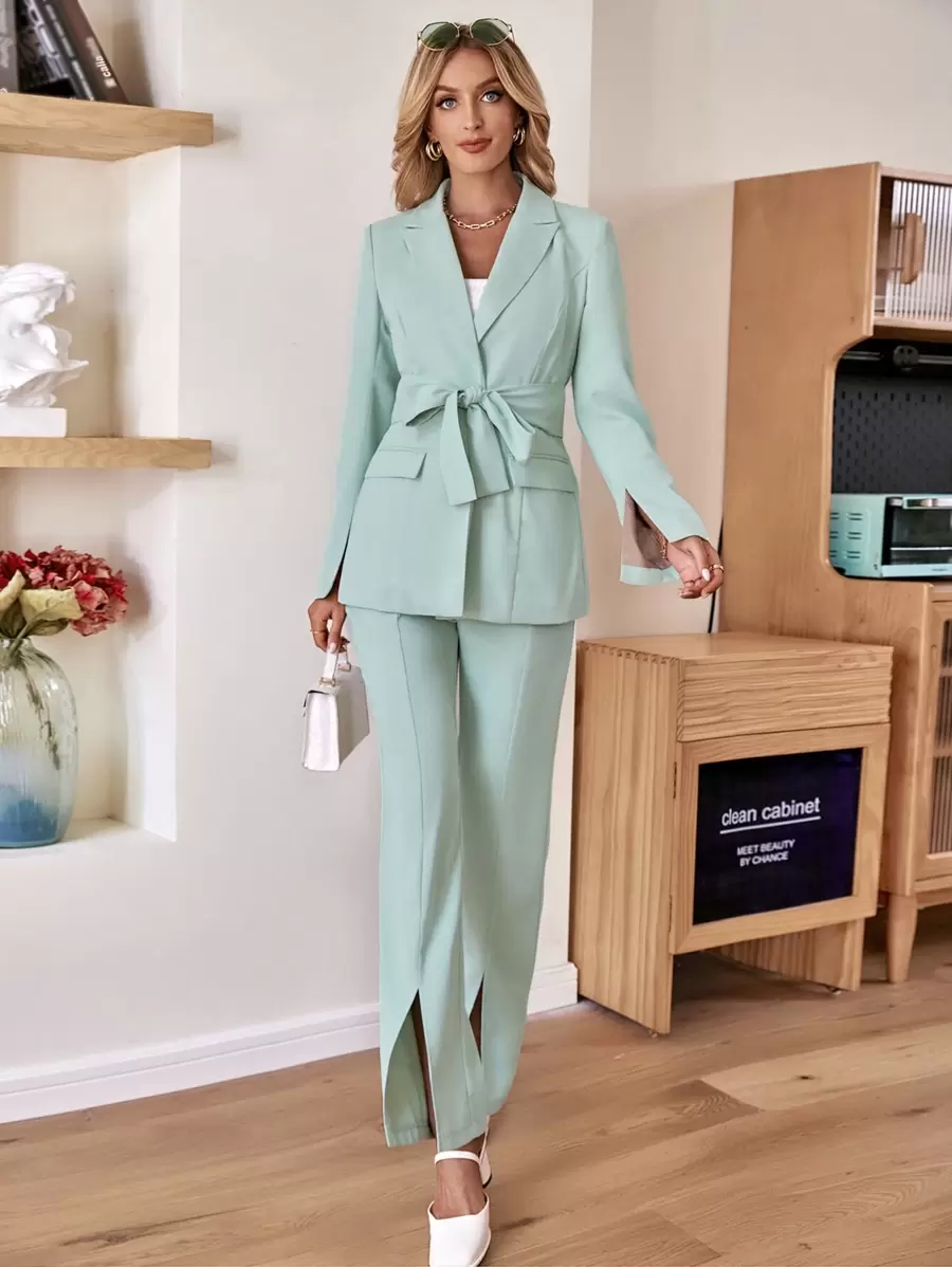 Solid Lapel Collar Belted Blazer & Split Hem Trousers - Mint Green - View 1