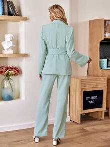 Solid Lapel Collar Belted Blazer & Split Hem Trousers - Mint Green - View 2