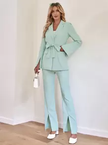 Solid Lapel Collar Belted Blazer & Split Hem Trousers - Mint Green - View 5
