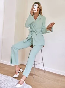 Solid Lapel Collar Belted Blazer & Split Hem Trousers - Mint Green - View 6