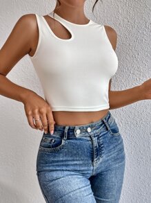SHEIN BAE Áo hai dây Bất đối xứng Cắt ra màu trơn Giải trí - trắng - Xem 5