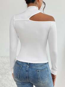 SHEIN PETITE Áo thun nữ Cắt ra màu trơn Thanh lịch - trắng - Xem 2