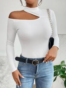 SHEIN PETITE Áo thun nữ Cắt ra màu trơn Thanh lịch - trắng - Xem 3