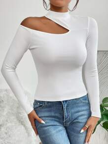 SHEIN PETITE Áo thun nữ Cắt ra màu trơn Thanh lịch - trắng - Xem 4