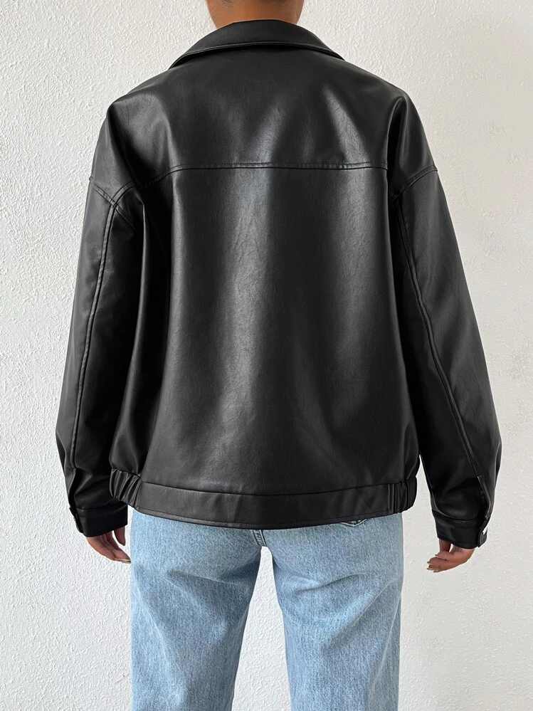 SHEIN EZwear Drop Shoulder Zip Up PU Cropped Leather Jacket In Fall/Winter - Black - View 2