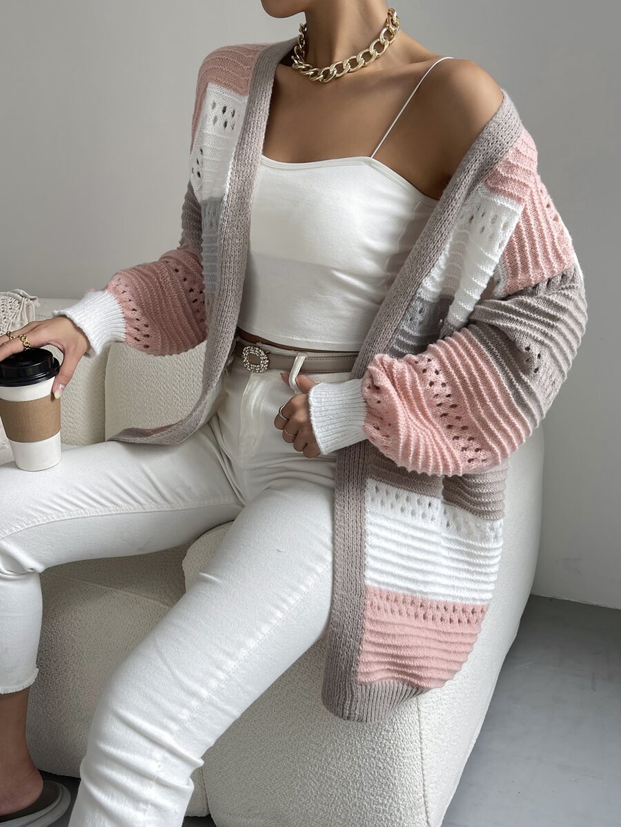 SHEIN EZwear Color Block Drop Shoulder Pointelle Knit Duster Cardigan,Long Sleeve Tops,Knitted Sweater In Fall/Winter