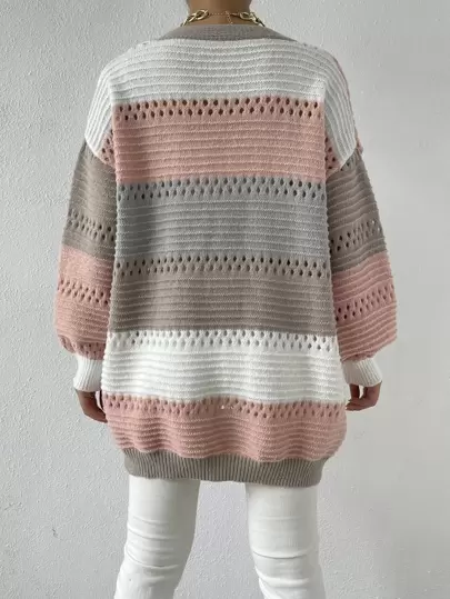 SHEIN EZwear كارديجان طويل بأكمام طويلة، كنزة صوفية محبوكة بتصميم بلوك اللون وأكتاف منسدلة، بتفاصيل شبكية، مناسب للخريف والشتاء