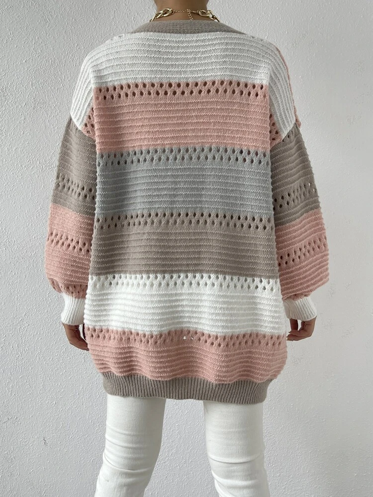 Color Block Drop Shoulder Pointelle Knit Duster Cardigan,Long Sleeve Tops,Knitted Sweater In Fall/Winter