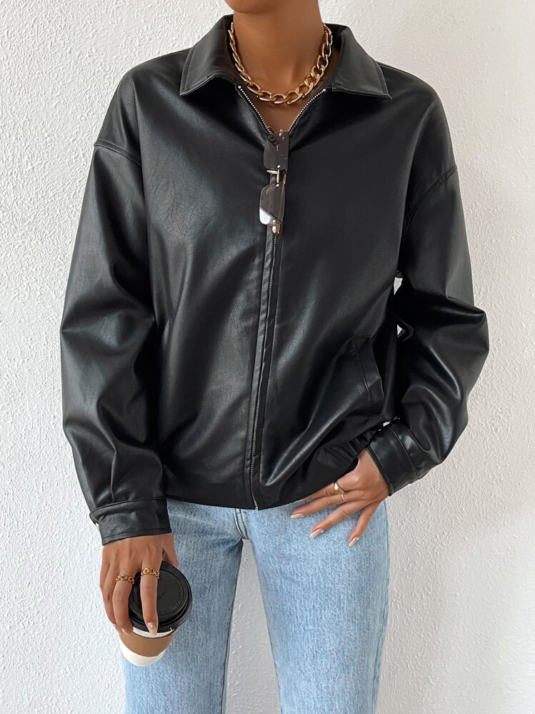SHEIN EZwear Drop Shoulder Zip Up PU Cropped Leather Jacket In Fall/Winter - Black - View 3