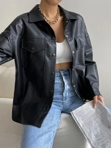 SHEIN x Carly Lawrence SHEIN EZwear 女士春季时尚仿皮短袖夹克翻盖口袋落肩纽扣衬衫长袖衬衫秋冬