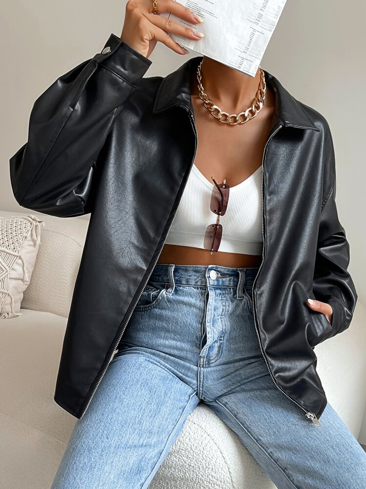 SHEIN EZwear Drop Shoulder Zip Up PU Cropped Leather Jacket In Fall/Winter - Black - View 5