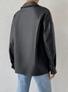 SHEIN x Carly Lawrence SHEIN EZwear 女士春季时尚仿皮短袖夹克翻盖口袋落肩纽扣衬衫长袖衬衫秋冬