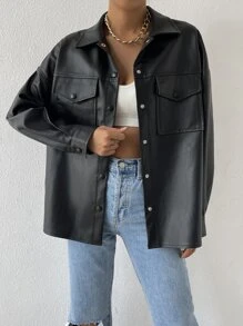 SHEIN x Carly Lawrence SHEIN EZwear 女士春季时尚仿皮短袖夹克翻盖口袋落肩纽扣衬衫长袖衬衫秋冬