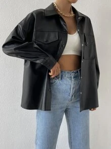 SHEIN x Carly Lawrence SHEIN EZwear 女士春季时尚仿皮短袖夹克翻盖口袋落肩纽扣衬衫长袖衬衫秋冬