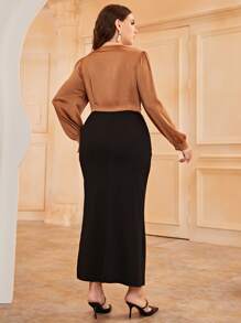 Modelyn 大碼撞色燈籠袖高衩洋裝 - 彩色 - 查看 2