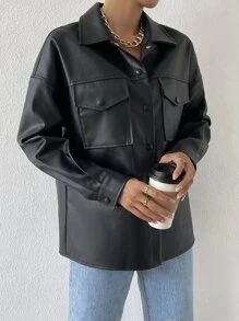 SHEIN x Carly Lawrence SHEIN EZwear 女士春季时尚仿皮短袖夹克翻盖口袋落肩纽扣衬衫长袖衬衫秋冬