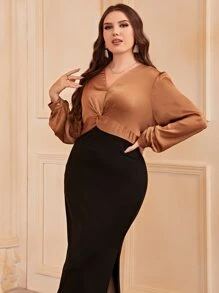 Modelyn 大碼撞色燈籠袖高衩洋裝 - 彩色 - 查看 5