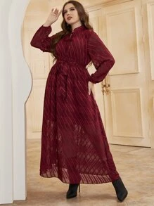 Modelyn 大碼條紋圖案燈籠袖木耳邊領繫腰帶連衣裙 - 酒紅色 - 查看 3