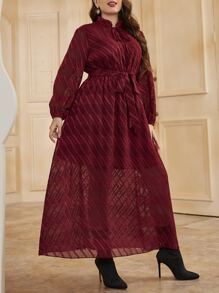 Modelyn 大碼條紋圖案燈籠袖木耳邊領繫腰帶連衣裙 - 酒紅色 - 查看 4