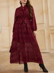 Modelyn 大碼條紋圖案燈籠袖木耳邊領繫腰帶連衣裙 - 酒紅色 - 查看 5