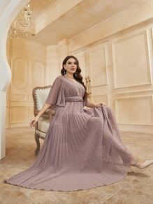 Modelyn 大碼蝴蝶袖百褶下擺雪紡連衣裙 - 淡紫色 - 查看 1