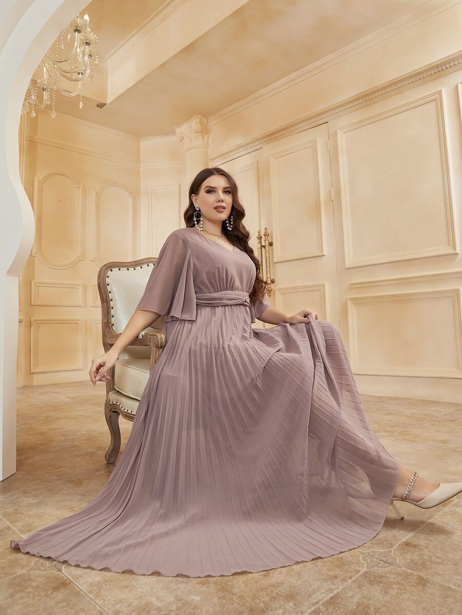 Modelyn 大碼蝴蝶袖百褶下擺雪紡連衣裙 - 淡紫色 - 查看 1