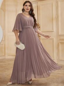 Modelyn 大碼蝴蝶袖百褶下擺雪紡連衣裙 - 淡紫色 - 查看 5