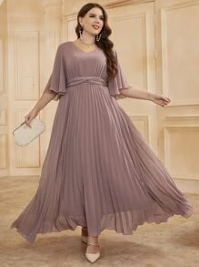 Modelyn 大碼蝴蝶袖百褶下擺雪紡連衣裙 - 淡紫色 - 查看 6