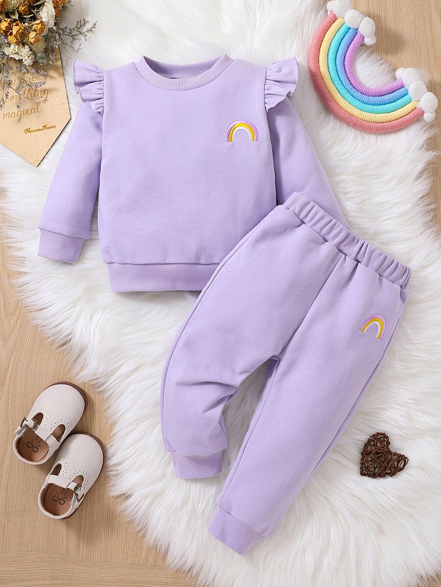 Đứa bé gái Thêu cầu vồng Viền Ruffle Áo len & Quần nỉ - Màu tím hoa cà - Xem 1