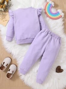 Đứa bé gái Thêu cầu vồng Viền Ruffle Áo len & Quần nỉ - Màu tím hoa cà - Xem 2