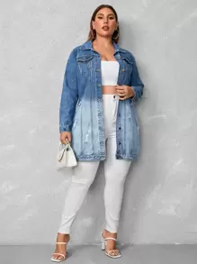EMERY ROSE Plus Ripped Flap Pocket Denim Jacket - Medium Wash - View 4