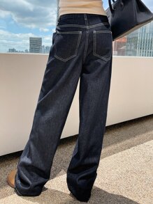 DAZY Top-Stitching Slant Pocket Straight Leg Jeans,Back To School Clothes - Dark Wash - View 2
