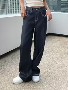 DAZY Top-Stitching Slant Pocket Straight Leg Jeans,Back To School Clothes - Dark Wash - View 3