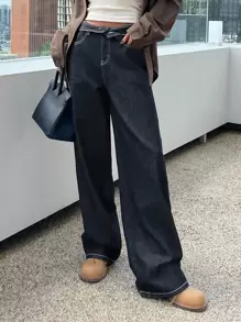 DAZY Top-Stitching Slant Pocket Straight Leg Jeans,Back To School Clothes - Dark Wash - View 4