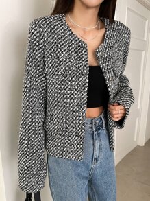 DAZY Áo khoác nữ Nút phía trước màu trơn Thanh lịch - Đen và trắng - Xem 1