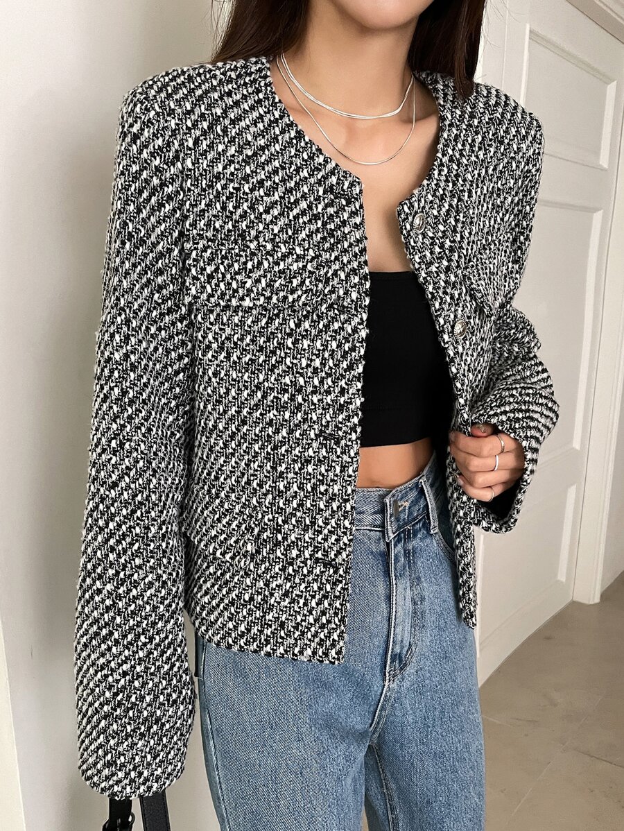 DAZY Áo khoác nữ Nút phía trước màu trơn Thanh lịch - Đen và trắng - Xem 1