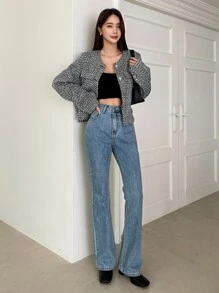 DAZY Áo khoác nữ Nút phía trước màu trơn Thanh lịch - Đen và trắng - Xem 4