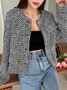 DAZY Áo khoác nữ Nút phía trước màu trơn Thanh lịch - Đen và trắng - Xem 6