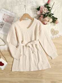Girls Cable Knit Drop Shoulder Jumper Dress - Beige - View 1
