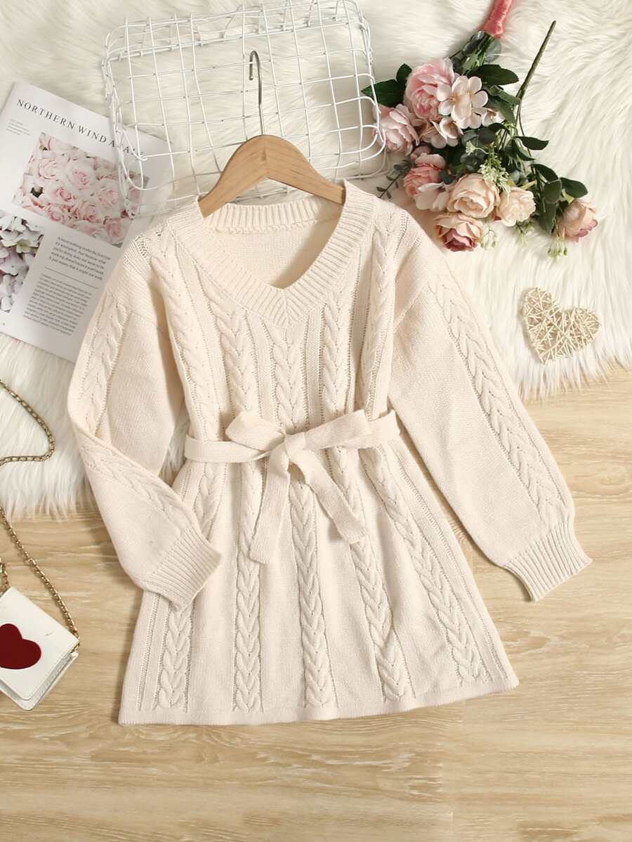 Girls Cable Knit Drop Shoulder Jumper Dress - Beige - View 1