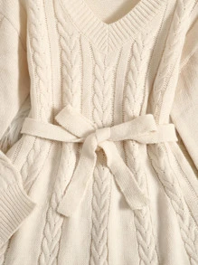Girls Cable Knit Drop Shoulder Jumper Dress - Beige - View 4
