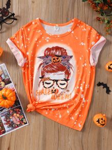 Girls Halloween Print Tee - Orange - View 1