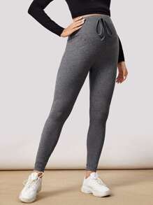 SHEIN 孕婦可調節彈性腰帶前打結緊身打底褲 - 深灰色 - 查看 5