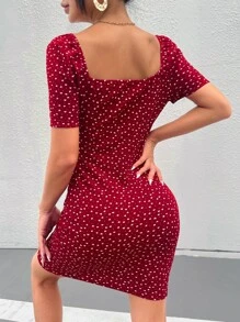 SHEIN Privé 心和波點圖案褶邊連衣裙 - 酒紅色 - 查看 2