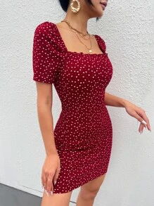 SHEIN Privé 心和波點圖案褶邊連衣裙 - 酒紅色 - 查看 3