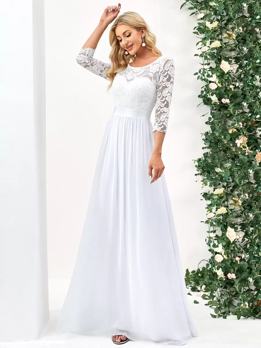 EVERPRETTY V型露背上身蕾絲雪紡婚紗連衣裙 - 白色 - 查看 1