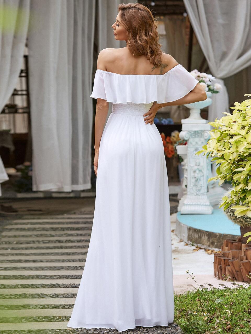 EVERPRETTY Elegant Ruffle Off-Shoulder High Slit Prom Dress, White Bridal Shower Dress, Wedding Gown