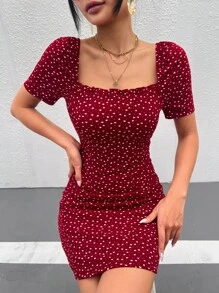 SHEIN Privé 心和波點圖案褶邊連衣裙 - 酒紅色 - 查看 5