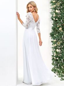 EVERPRETTY V型露背上身蕾絲雪紡婚紗連衣裙 - 白色 - 查看 2