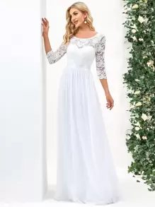 EVERPRETTY V型露背上身蕾絲雪紡婚紗連衣裙 - 白色 - 查看 3